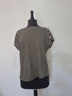 Jones New York Signature Women's L Striped Boat Neck Gold Button Knit Top