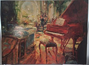 Large Oil Painting Grand Piano Interior Scene