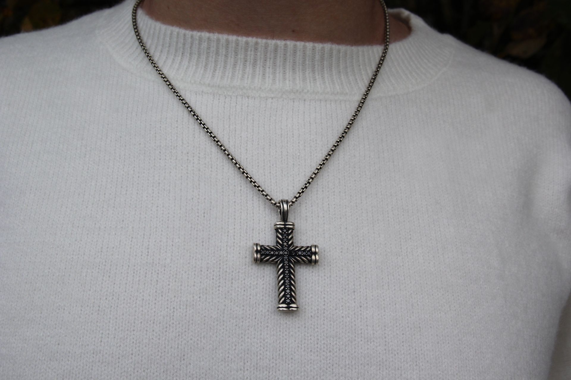 David Yurman Silver Chain + Chevron Cross Pendant With Black Diamonds