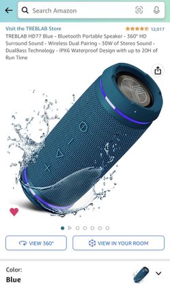 TREBLAB HD77 Blue - Bluetooth Portable Speaker - 360° HD Surround Sound - Wireless Dual Pairing - 30W of Stereo Sound - DualBass Technology - IPX6 Wat
