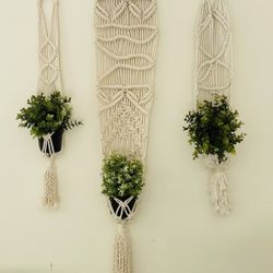 3 Macramé Hanging Plant Holders With Plastic  Plants
