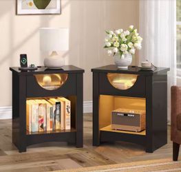 Glossy Black 23.62 in. H Nightstand with Power Outlet,USB Ports,Storage Drawer and Light(Set of 2)