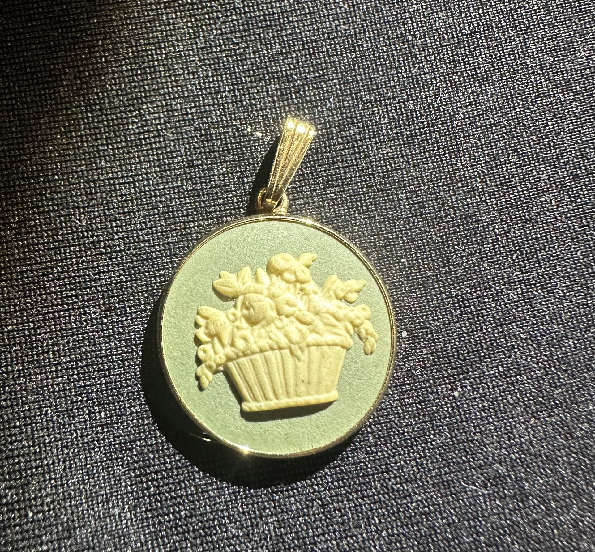 Wedgwood Jasperware Made in England Pendant Green With Basket Of Flowers