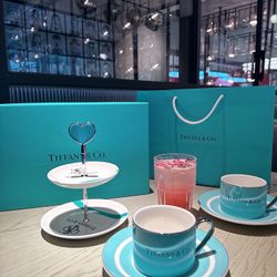 Authentic Tiffany & Co Ironic Blue Dual Cup And Saucer Set With Dessert Stand
