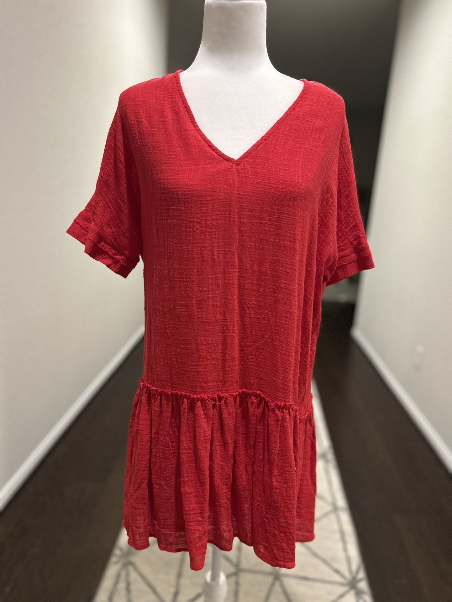 Umgee Red Short Sleeve Boxy Tunic Dress - S