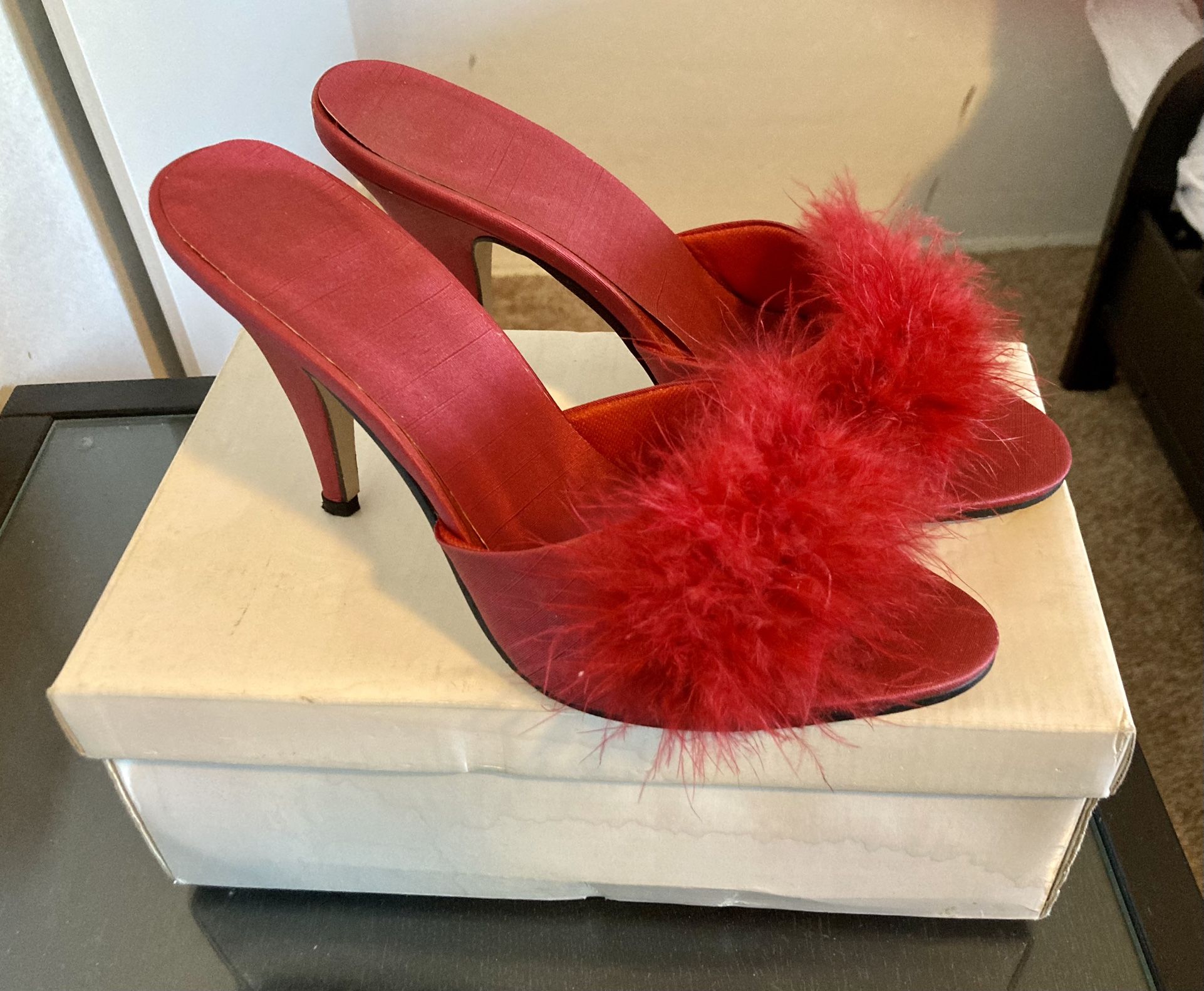 Red Satin & Marabou Heels Size 8