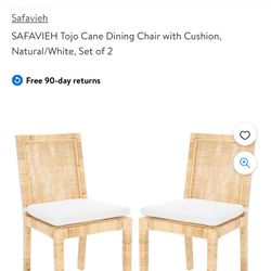 SAFAVIEH Tojo Cane Dining Chair with Cushion, Natural/White, Set of 2