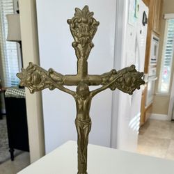 Large Vintage MCM Jesus Christ Solid Brass Cross Tabletop Standing 14”