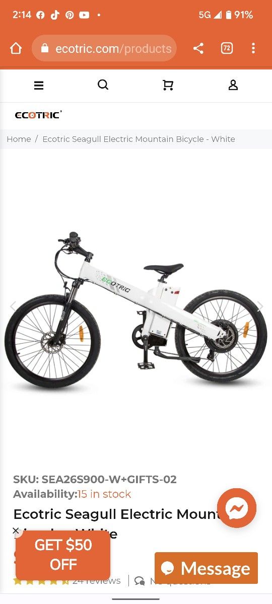 Ecotric 26" 48v 1000w/12.5ah Shimano 7 Speed E Bike. Ebike $700
