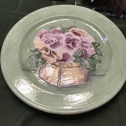 Art - Handmade Plate With Flowers - Light Green With Purple Pansies 