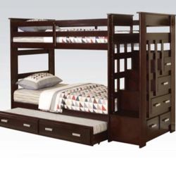 Bunk Bed  Espresso Twin/Twin With Storage And Stairs Case & Trundle