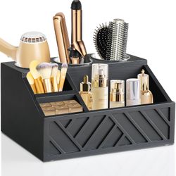 Black Hair Dryer Holder & Bathroom Vanity Organizer – Wood Hair Tool Storage