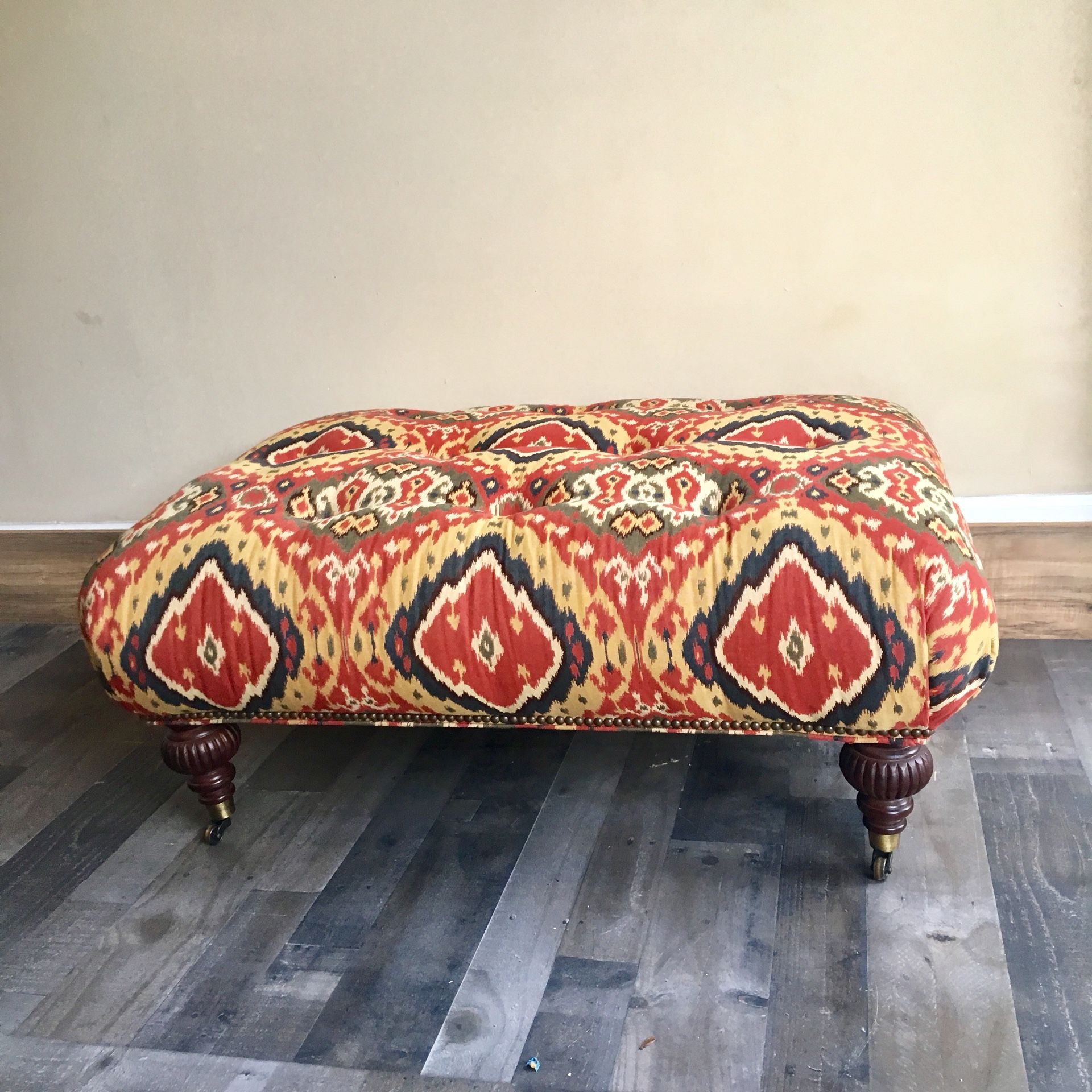 Ottoman Tufted Large Wood Legs Rectangular Nailed On Wheels Rolling Aztec Print Tribal Aztec Print Tribal Red Multicolored Custom Unbranded Measur