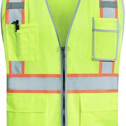Reflective MESH Safety Vests For Men & Women With 8 Pockets, Meet ANSI/ISEA 107-2020 Standards, Type R Class 2 Neon Yellow Safety Vests, Construction 