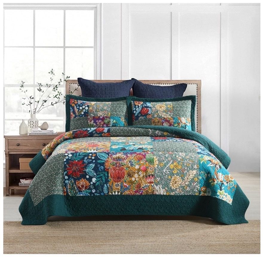Cotton Bedspread Quilt Sets Reversible Bedding Coverlet Sets Comforters, Patchwork Vintage Floral Turquoise Bedspread, King Size