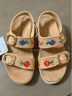 Cat & Jack Beige Straw Sandals with Multicolor Floral Embroidery Size 9c NIB