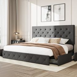 King Size Platform Bed Frame with Diamond-stitched Headboard and 4 Drawers, Dark Gray