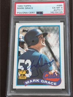 Mark Grace MLB Cubs Vintage 1989 Topps Signed Rookie Card. PSA Graded Auto Cert
