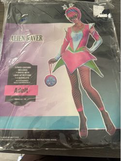 This Rubie's Ravin Alien costume features a dress with light-up buttons and matching glovelets.