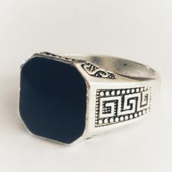 BEZEL SET SQUARE BLACK ONYX QUALITY ENGRAVED TITANIUM SILVER NEW SIZE 9 RING