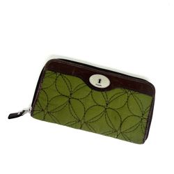 FOSSIL Key Per Zip Closure Olive and Brown Leather Zip Around Wallet