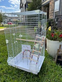 Tall White Wire Bird Cage with Accessories, Perches & Ladder