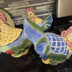 Colorful Ceramic Rooster Figurines & Canister  Farmhouse Kitchen Decor Set of 3