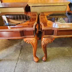 Pair of Cherry End Tables with Tinted glass Tops