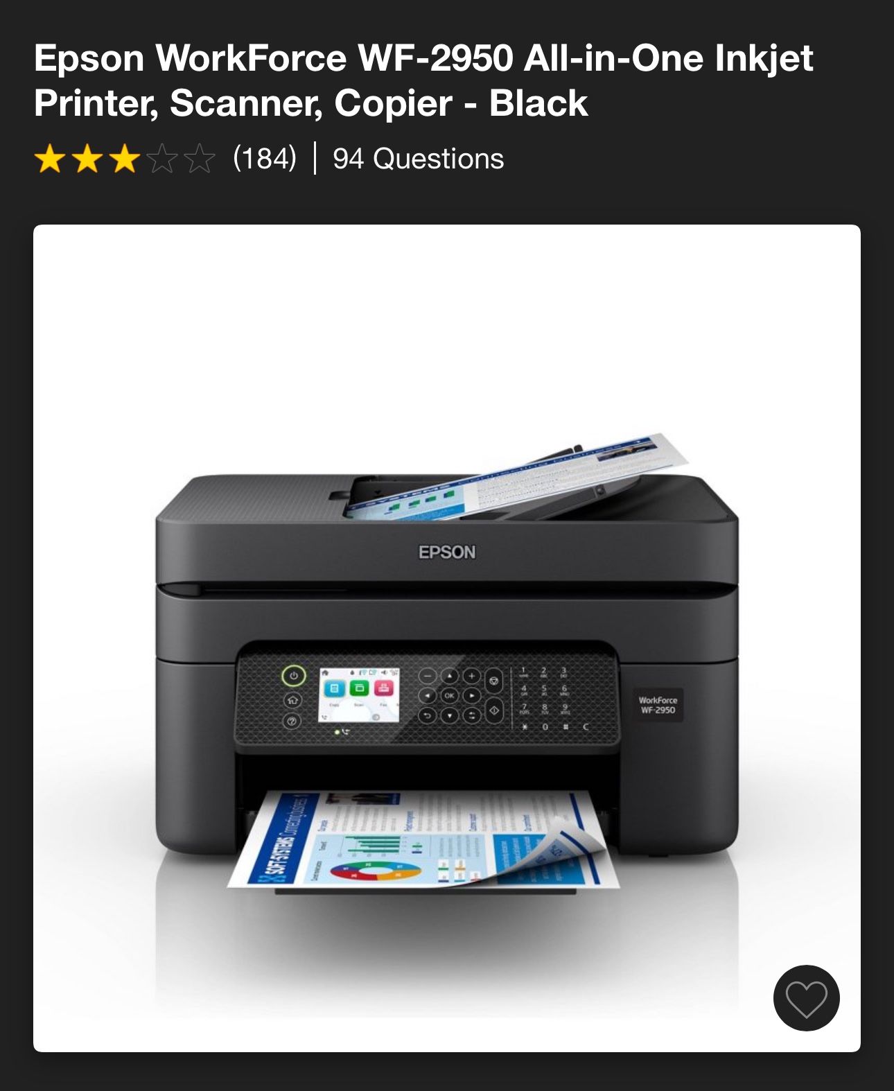 Epson Work force WF-2950 all-in-one Inkjet Printer, scanner, Copier - black