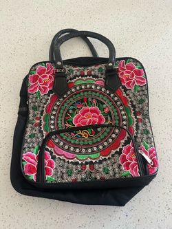 Used Mexican Motif Floral Embroidered Zippered Bagpack Pink Black Multi