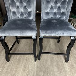 Set of 2 Grey Velvet Tufted Bar Stools with Silver Nailhead Trim (MOVING OUT SALE)