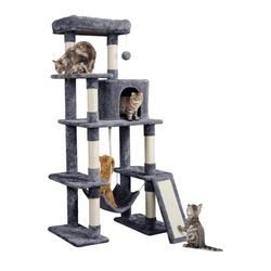 Large Multi-Level Cat Tree, 63 Inches Tall with Sisal-Covered Scratching Posts, Condo, Hammock, Dangling Ball, and Extended Platform for Cats to Play 