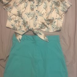 Two Piece Blue White Brown Top Blue Bottom