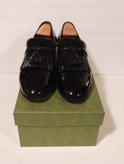 Authentic Men's Gucci Black Patent Leather Tassel Loafers 714681 Size 12. 