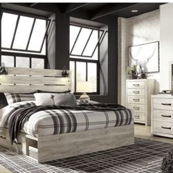 Signature Design by Ashley Cambeck King Panel Bed with 4 Storage Drawers-White/ Side Table/ 6 Drawer Dresser W/Mirror 