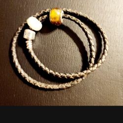 New Pandora Bracelet Leather Silver  Camel Brown Double  LEATHER 13.8" 35cm Silver Clasp 2 Charm