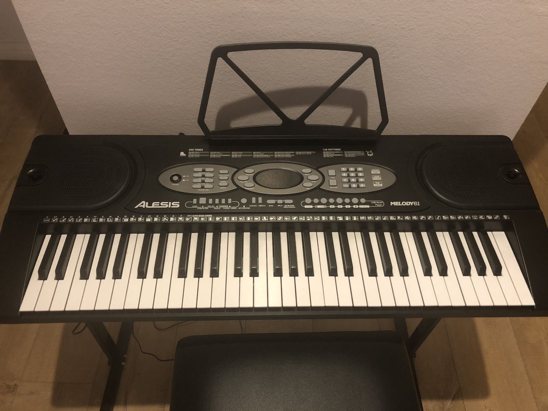 Alesis Melody 61 MKII - 61-Key Portable Keyboard with Built-In Speakers, Headphones, Microphone, Piano Stand, Music Rest and Stool