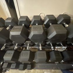 HEAVY  RUBBER  DUMBBELS :  90s (REP FITNESS) = $230 / 95s (REP FITNESS) = $235 +  RUBBER : 50s 45s 40s 35s 30s 25s 20s 15s 10s 5s ALSO ARE AVAILABLE  