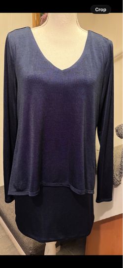 Navy Blue shimmering V neck long top. Women’s shirt. Blouse medium