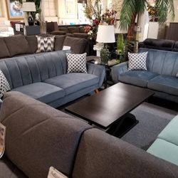 Brand New Gray Velvet Mid-century Modern Sofa + Loveseat 2PCs Set