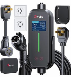 Raylix Cargador rápido EV de nivel 2 mejorado, compatibilidad de doble salida de 24 A/corriente ajustable/temporizador, salida de secadora NEMA 14-30 