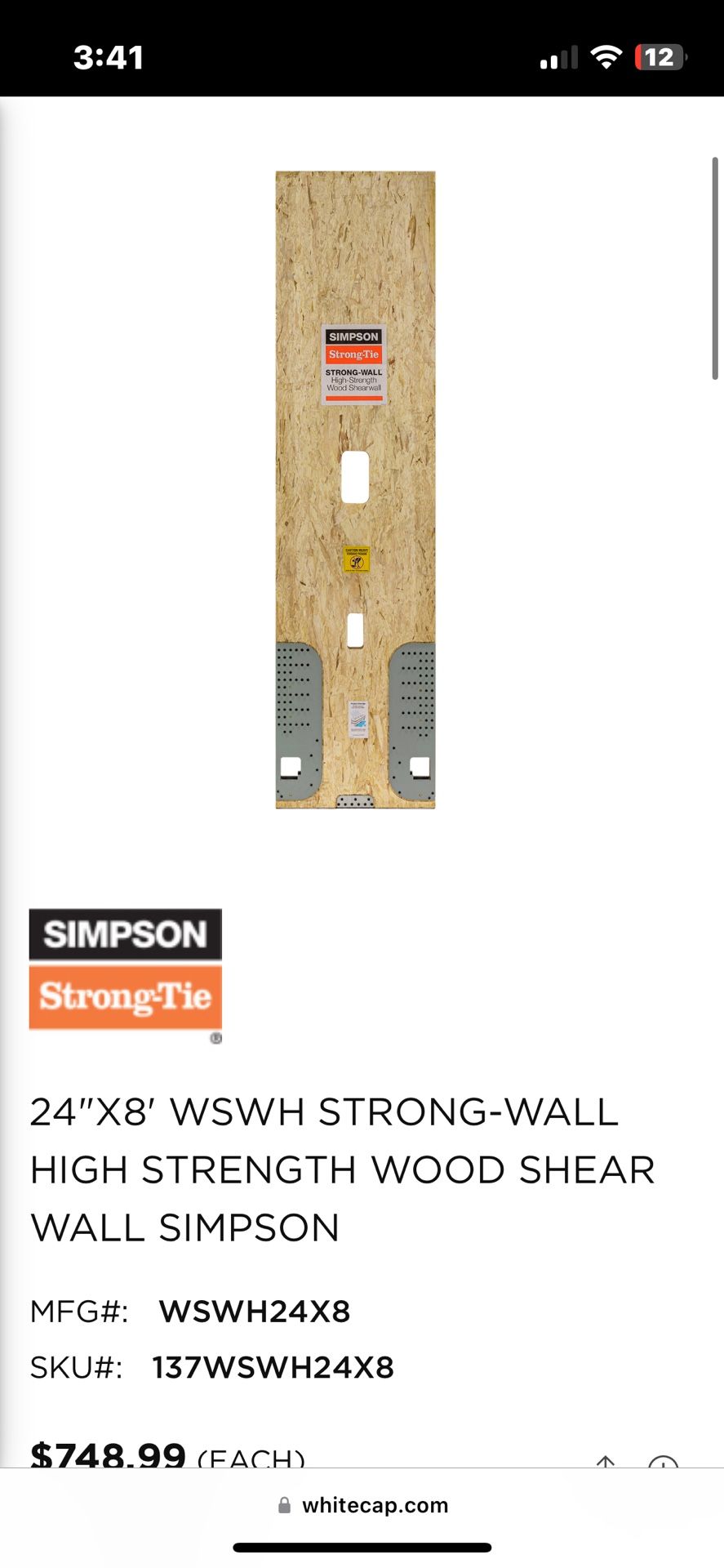 24"X8' WSWH STRONG-WALL HIGH STRENGTH WOOD SHEAR WALL SIMPSON (FLASH SALE ‼️🔥🔥)