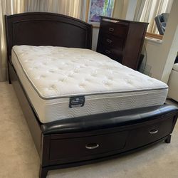 Queen Sized Brown Storage Wooden Bedframe + Mattress + 5 Drawer Dresser