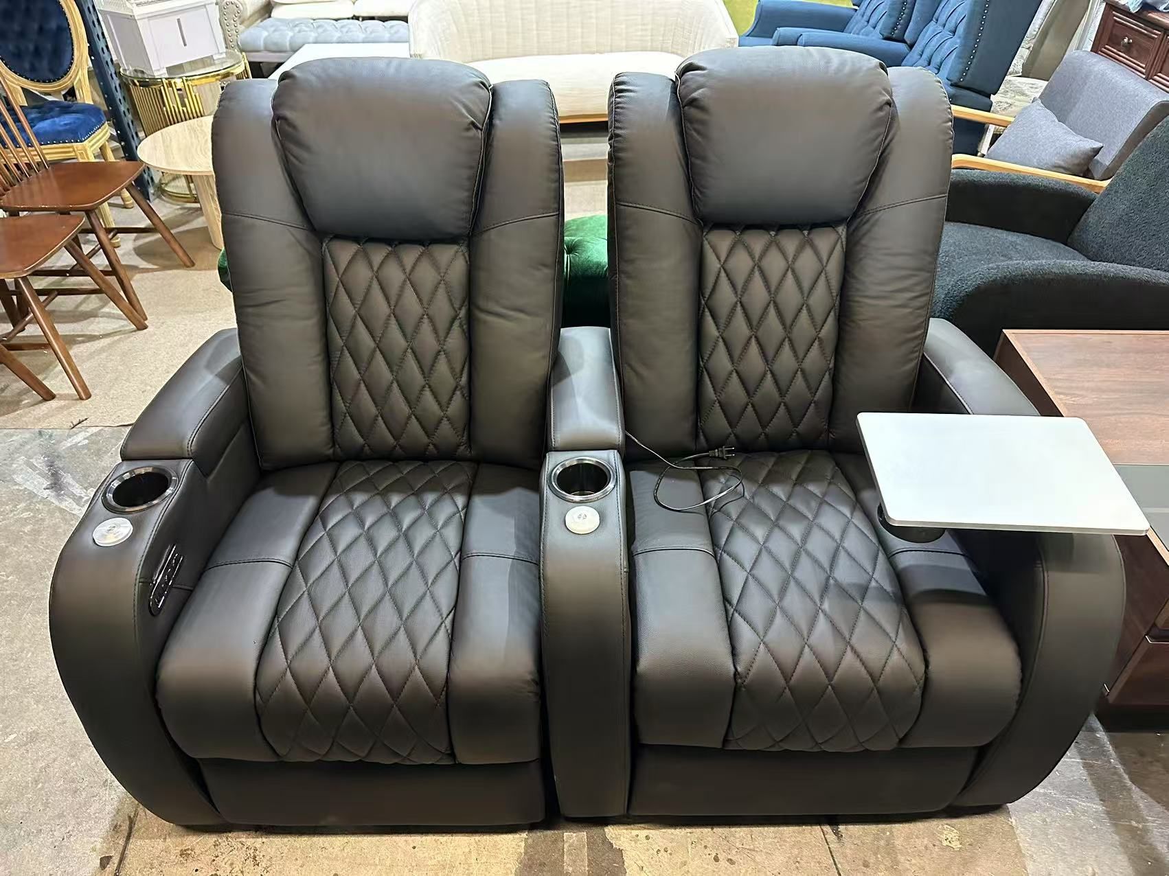 Home Theater Seating Top Grain Leather Recliner Chair Power Headrest and Recline Movie Seats Gaming Sofa with Tray Table Type-C USB Charge Cup Holders