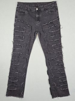 Men's Black Denim Jeans Distressed Frayed Stacked Straight