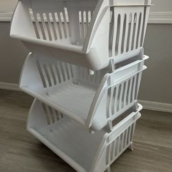 17.5” across x 26” tall x 15” deep — Stackable Basket Storage Organizer White 3-Tier