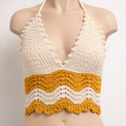 ZARA Crochet Knit Halter Top Cream Mustard Size S NWOT