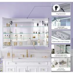 WELLFOR 36 in. W x 30 in. H Rectangular Aluminum LED Recessed or Surface Mount Medicine Cabinet with Mirror,Adjustable Shelves