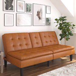 Mainstays Memory Foam Futon with Cupholder and USB, Camel Faux Leather