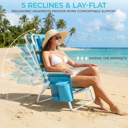 25" W Low Beach Chair for Adults W/5-Position Lay Flat & Cooler Pouch, Folding Backpack Beach Chair W/Headrest, Storage Bag, Towel Bar, Foot Mat, for 